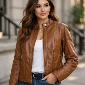 A New Day Cognac Faux Leather Moto Jacket Gold Zip Medium
